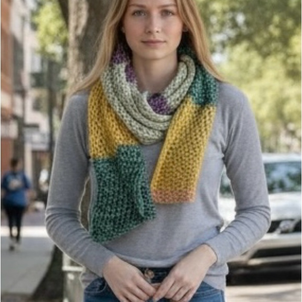 Scarf Hand Crafted Yellow Green Purple Orange Knit Acrylic